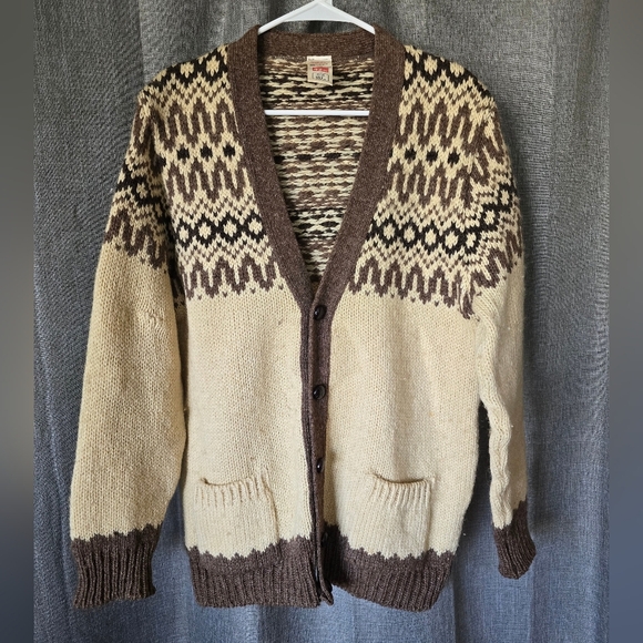Vtg ST MICHAEL Cowichan Cardigan Knitted Sweater Men 42 (L) Ivory Brown Buttoned - Picture 1 of 6